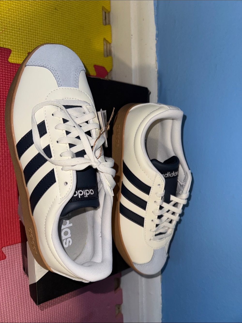 adidas White and Navy Retro Leather Sneakers